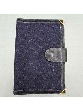 Gucci Blue Micro GG Logo Passport Cover with Gold Tone Corners *Fair Condition